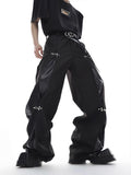 Ouzey Autumn Black Cool Leather Patchwork Wide Leg Pants for Mens Floor Length Luxury Designer Men Clothing Emo Streetwear