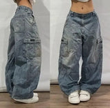 Ouzey Washed Jeans Y2K New Pocket Fashion Loose Mop Pants High Street Hip Hop Harajuku Gothic Wide Leg Denim Trousers Clothing Tide