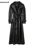 Ouzey Spring Long Fitted Black Soft Pu Leather Trench Coat for Women Sashes Luxury Elegant Chic Faux Leather Overcoat 2025