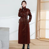 Ouzey Autumn Waterproof Extra Long Black Reflective Shiny Patent Pu Leather Trench Coat for Women Belt Runway Y2K Clothes