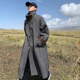 Ouzey Autumn Winter Long Oversized Cool Warm Herringbone Woolen Trench Coat Men Single Breasted Loose European Fashion