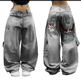 Ouzey 2024 European and American Hip-hop Gothic Print Jeans Female Y2K New High Street Loose Fashion Straight Pants Wide-leg Pants