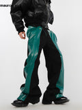 Ouzey Spring Autumn Cool Long Loose Casual Green and Black Patchwork Pu Leather Pants Men Straight Trousers Fashions 2025