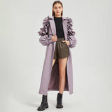 Ouzey Spring Extra Long Black Ruffled Soft Faux Leather Coat Women Belt Elegant Chic Luxury Designer Clothes Overcoat 2025