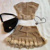 Ouzey Y2K Two Piece Sets Women Sexy Cute Strapless  Bodycon Tops High Waist Pleated Mini Skirt Harajuku Goth Brown Raw Edge Skirt Suit