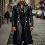 Ouzey New Style Autumn/Winter Men's Long Fashion European And American Plus Size Leather Jacket Double Row Button PU Overcoat