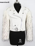 Ouzey Winter Short Thickened Warm Soft Fluffy Black Patchwork Pu Leather Biker Jacket with Faux Fur Inside and Sleeves