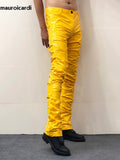 Ouzey Spring Autumn Yellow Blue Shiny Reflective Stretchy Soft PVC Faux Leather Stacked Pants for Men 2025 Y2K Streetwear