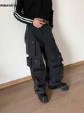 Ouzey Spring Autumn Cool Black Wide Leg Cargo Pants Multi Pockets Long Techwear Clothes Handsome Trousers Streetwear 2025