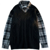 Ouzey dandys world Plaid pattern fake two-piece design long sleeves lapels knit pullover sweaters men high street casual loose fashion versatile