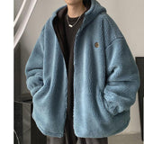 Ouzey Loose and trendy men's cardigan hooded sweatshirt 2025 Korean style plus velvet large size loose sherpa jacket men clothing top