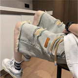 Ouzey American high street retro raw edge ripped denim shorts men's summer thin fashion brand trend handsome five point pants y2k tops