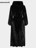 Ouzey Autumn Winter Extra Long Thick Warm Black Soft Fluffy Faux Fur Coat Women with Hood Sashes Scallop Hem Maxi Furry Overcoat 2025