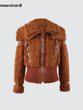 Ouzey Spring Winter Cool Thick Warm Fuzzy Fluffy Brown Faux Fur Coat Women Zip Up Luxury Designer European Clothes 2025