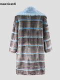 Ouzey Nerazzurri Autumn Winter Long Thick Warm Blue Striped Patchwork Faux Fur Coat Women Loose Casual Luxury Chic Korean Fashion 2025