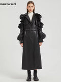 Ouzey Spring Extra Long Black Ruffled Soft Faux Leather Coat Women Belt Elegant Chic Luxury Designer Clothes Overcoat 2025