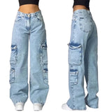 Ouzey Street Pop Multi-Pocket Washed Light Blue Jeans Female Y2k New Harajuku Retro High Street Punk High Waist Jeans Are Unisex