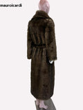 Ouzey Winter Elegant Long Thick Warm Striped Fluffy Brown Faux Sable Fur Coat Women Shawl Collar Sashes Furry Overcoat