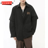 Ouzey Solid Color Men's Jackets Turn-down Collar Fake Two-piece Casual Single Breasted Tops Loose New Trendy Coats Autumn