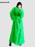 Ouzey Winter Extra Long Oversized Bright Green Colored Hairy Thick Warm Soft Shaggy Faux Mongolian Fur Coat Women Sashes