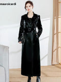 Ouzey Autumn Waterproof Extra Long Black Reflective Shiny Patent Pu Leather Trench Coat for Women Belt Runway Y2K Clothes