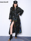 Ouzey Spring Soft Thin Flowy Shiny Reflective Holographic Black PVC Faux Leather Trench Coat for Women Maxi Y2K Streetwear