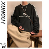 Ouzey Trendy brand heavyweight jacquard round neck sweatshirt men's spring and autumn oversize loose American college hooded -y2k tops