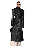 Ouzey Spring Luxury Long Black Fitted Faux Leather Trench Coat for Women Shoulder Pads Double Breasted European Clothes