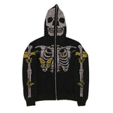 Ouzey 2025 American retro hooded sweater for men / women couple models skull lazy wind print hooded long-sleeved zipper hooded sweater