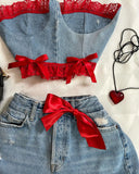 Ouzey Y2K New Fashion Outfits Denim Skirt Suit Harajuku Sexy Bow Slim Tube Tops Low Waist Mini Skirt Goth Kawaii Womens Clothing