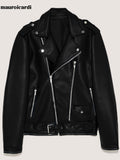 Ouzey Spring Short Black Leather Biker Motorcycle Jacket for Men Style Belt Long Sleeve Light Soft Faux Leather Jackets