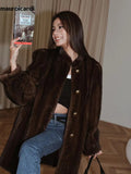 Ouzey Spring Winter Brown Thick Warm Soft Faux Mink Fur Coat Women Puff Sleeve Stand Collar Elegant Luxury Fluffy Jacket