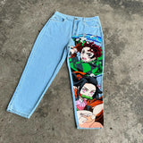 Ouzey Harajuku y2k baggy jeans blue eyes white dragon print wide leg denim pants popular anime jeans streetwear trouser men clothing