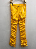 Ouzey Spring Autumn Yellow Blue Shiny Reflective Stretchy Soft PVC Faux Leather Stacked Pants for Men 2025 Y2K Streetwear