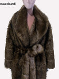 Ouzey Winter Elegant Long Thick Warm Striped Fluffy Brown Faux Sable Fur Coat Women Shawl Collar Sashes Furry Overcoat