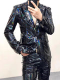 Ouzey Spring Autumn Cool Fitted Black Soft Shiny Reflective Patent Faux Leather Jacket Blazer Men Runway Fashion 2025