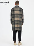 Ouzey Autumn Winter Long Loose Stylish Thick Warm Colorful Plaid Wool & Blends Coat Men Double Breasted Runway Fashion