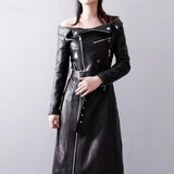 Ouzey Spring Autumn Black Pu Leather Maxi Biker Dress Women Zipper Belt Elegant Luxury Designer Off Shoulder Clothes 2025