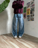 Ouzey 2024 American Retro Striped Washed Baggy Jeans Women Y2K Harajuku Street Hip Hop Anime Print Trend Straight Wide Leg Pants Men