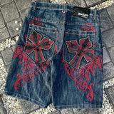 Ouzey Y2K Denim Capris New Gothic Retro Cross Graphic Embroidered Shorts Harajuku Hip Hop High Waist Casual Dark Blue Shorts Men Women