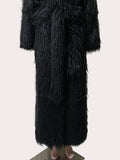 Ouzey Winter Extra Long Black Thick Warm Shaggy Fluffy Fuzzy Faux Fur Coat Women Sashes Luxury Elegant Maxi Furry Overcoat