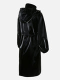 Ouzey Spring Black Long Waterproof Shiny Reflective PVC Faux Leather Coat for Women with Detachable Hood Y2K Streetwear