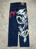 Ouzey High street dragon graphic print design casual high waisted jeans women y2k hip hop street aesthetic popular straight baggy pant