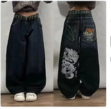 Ouzey dandys world American Trend Harajuku Retro Aesthetic Printing Straight High Waist Y2K New Women's Washed Blue Jeans Street Gothic Wide Pants