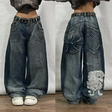 Ouzey 2024 European and American Hip-hop Gothic Print Jeans Female Y2K New High Street Loose Fashion Straight Pants Wide-leg Pants