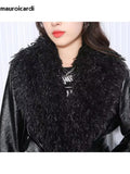 Ouzey Winter Oversized Long Black Quilted Thickened Warm Pu Leather Coat Women with Faux Fur Trim Luxury Designer Clothes