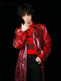 Ouzey Spring Autumn Cool Long Red Transparent Faux Leather Trench Coat Men Double Breasted Luxury Designer Emo Clothes