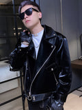 Ouzey Spring Autumn Cool Black Shiny Reflective Patent Pu Leather Biker Jacket Men Belt Zipper Plus Size European Fashion