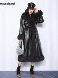 Ouzey Winter Oversized Long Black Quilted Thickened Warm Pu Leather Coat Women with Faux Fur Trim Luxury Designer Clothes