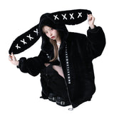 Ouzey Autumn Winter Sweet Cute Kawaii Soft Thick Warm Black Faux Fur Coat Women with Bunny Ears Cute Fluffy Jacket Hoodie